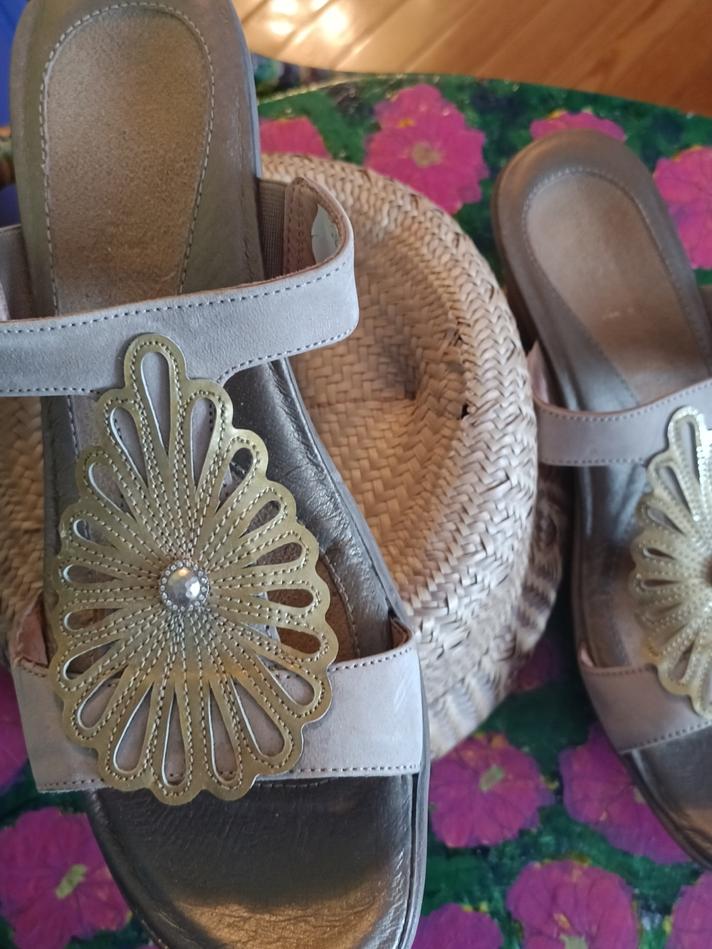 Naot Taupe Sandal with Gold Medallion Accent